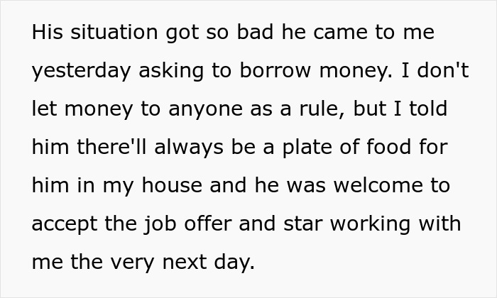 Text excerpt about a man who thinks his best friend working as a server is low but didn’t ask for money. Text excerpt about a man who thinks his best friend working as a server is low but didn’t ask for money.