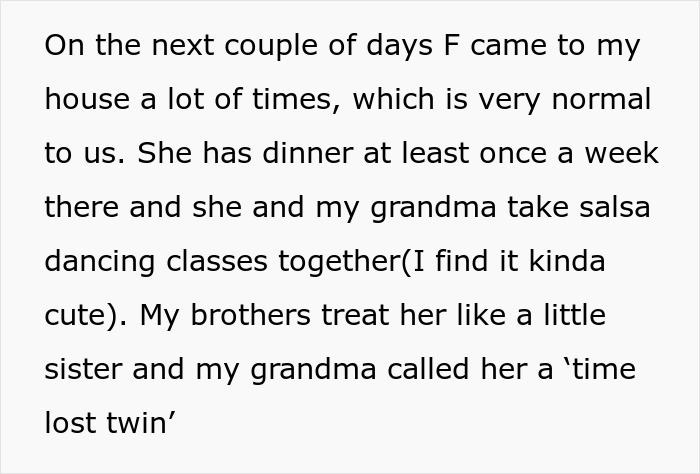 Text describing a woman noticing how close her boyfriend’s female friend is to his family, leading to a breakup. Text describing a woman noticing how close her boyfriend’s female friend is to his family, leading to a breakup.
