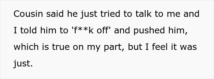 A screenshot of text on a light background, reading, "Cousin said he just tried to talk to me and I told him to 'f**k off' and pushed him, which is true on my part, but I feel it was just." This relates to a groom&rsquo;s sister and a wedding dress conflict.