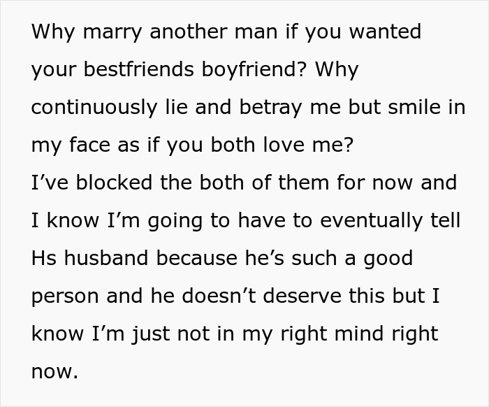 Screenshot of text from a woman discussing her husband's affair with her best friend. The post details the disturbing betrayal.