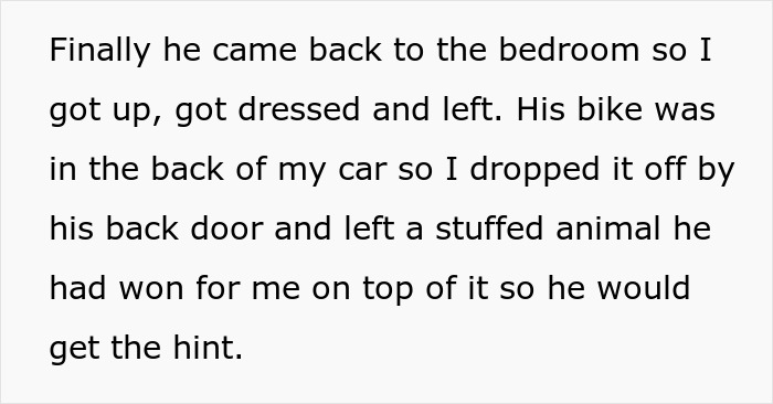Text excerpt describing someone leaving with a bike and a stuffed animal, related to boyfriend plans to leave girlfriend.