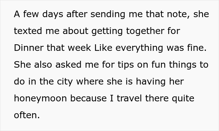 Text from a note describing a Christian bride's actions, seeking advice from a friend after the wedding.