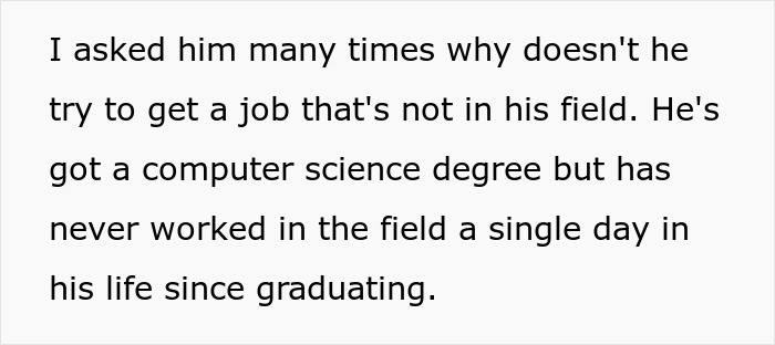 Text excerpt discussing a man with a computer science degree who works as a server and has not worked in his field. Text excerpt discussing a man with a computer science degree who works as a server and has not worked in his field.