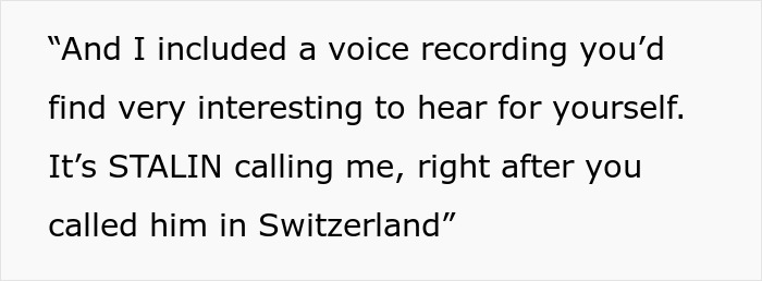 Text snippet about a voice recording of Stalin calling, illustrating perfect revenge on a horrible boss.