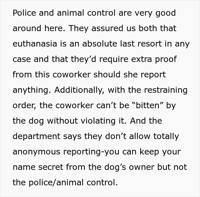 Animal-lover coworker discusses restraining order and animal control rules after cheater uses ex's dog for revenge.