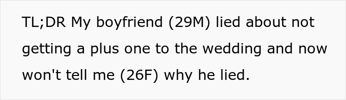 Text showing a girlfriend confronting her boyfriend about a small wedding lie revealing his secret life.