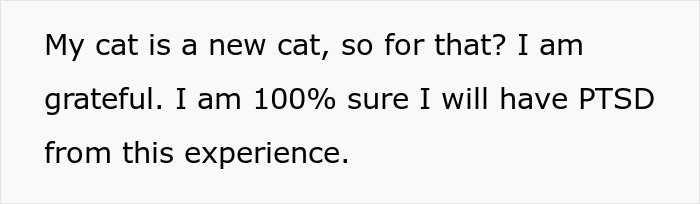 Text snippet showing a person expressing PTSD from the experience of bringing home a new senior cat with unexpected tapeworms and regret.