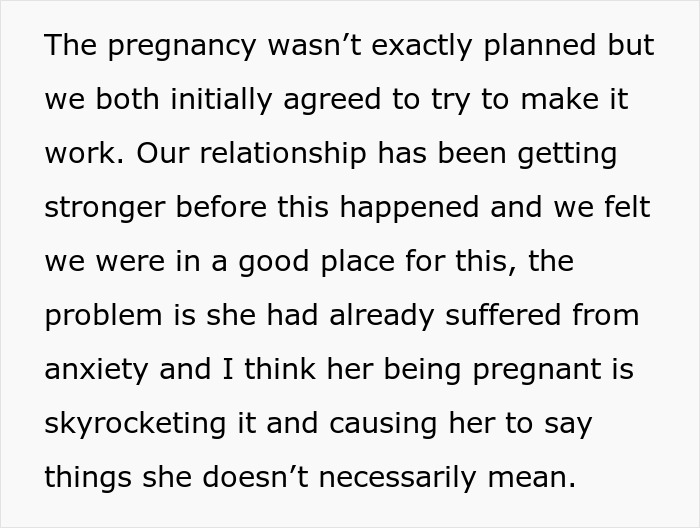 Text about pregnancy and anxiety affecting relationship dynamics, highlighting pregnant GF threatening to terminate pregnancy.