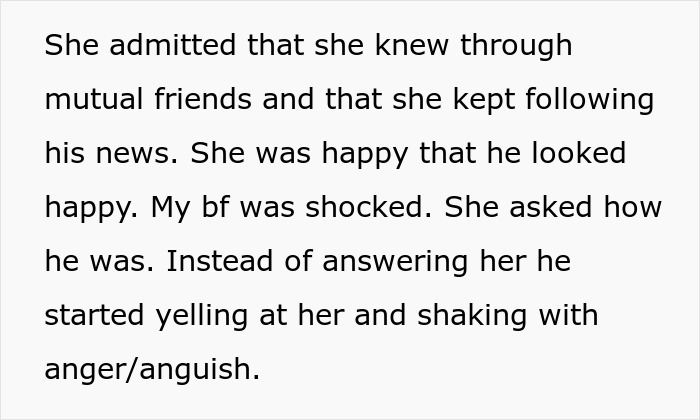 Text on a screen: My boyfriend yelled at his childfree ex after she asked about his wellbeing, likely regarding the divorce papers.