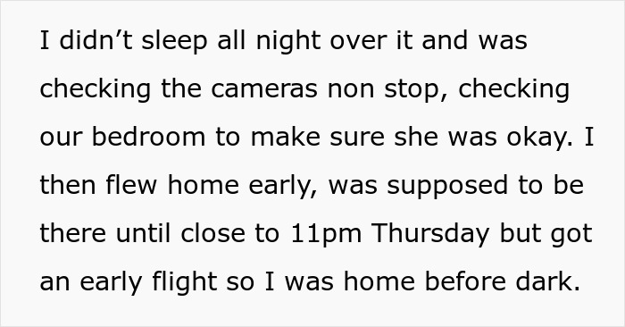 Text from a story details a husband's concern about his woman alone at night, checking cameras and flying home early due to strange behavior on camera.