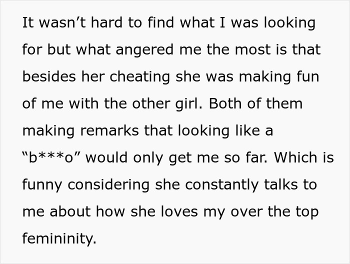 Text about anger and hurt caused by cheating and mockery of femininity
