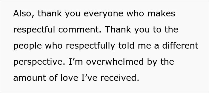 Text thanking respectful commenters and expressing being overwhelmed by love, a contrast to messy family fights over a baby name.