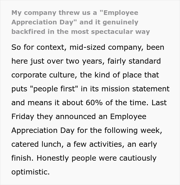 Company celebrates staff with balloons and lunch during Employee Appreciation Day but announces no raises afterward.