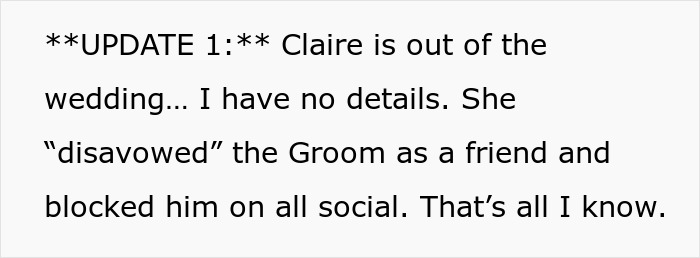 Text update about ex-girlfriend cheating and being removed from a friend's wedding after social media blocks.