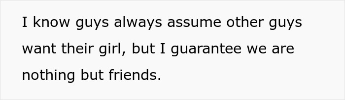 Text image showing a message about a male bestie insisting their relationship is just friendship despite assumptions.