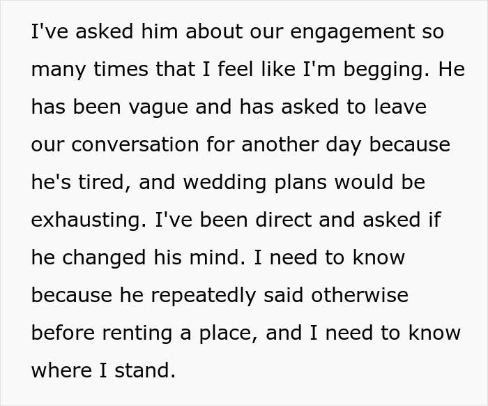 Guy Promises Engagement To Get GF To Move In, Spends Two Years Dodging The Topic Until She's Done