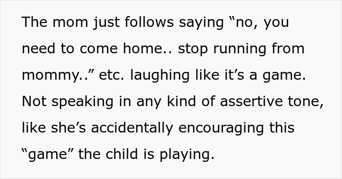 Text describing a toddler escaping home and mom laughing while telling child to stop running, showing lack of assertiveness.