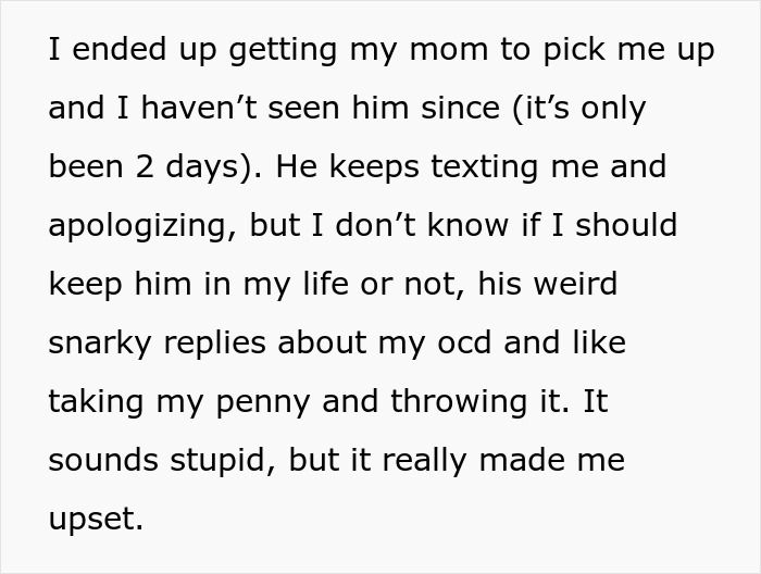 Text conversation about a woman ending a relationship over a penny, feeling upset and questioning keeping him in her life.
