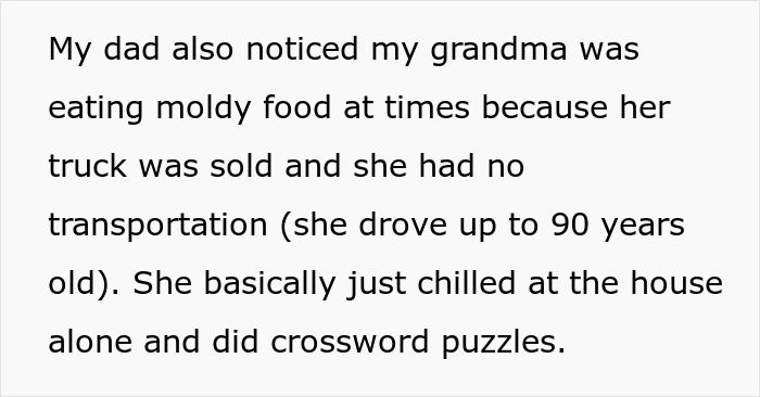 Text about grandma eating moldy food and losing transportation, highlighting family neglect and nibling revenge consequences.