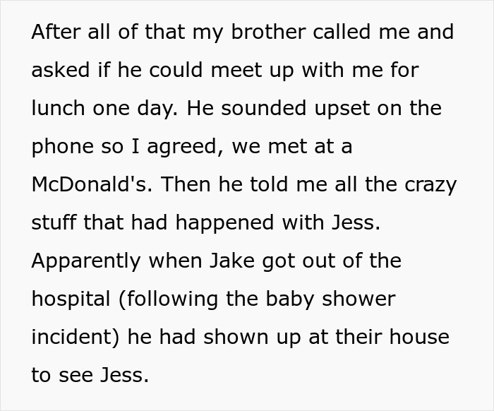 Text excerpt about SIL feeding info to unstable ex and pregnant woman cutting him off after baby shower incident.