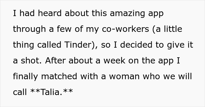 Text excerpt from a victim describing matching with a woman on Tinder in a scam related to a jailed fianc&eacute;.