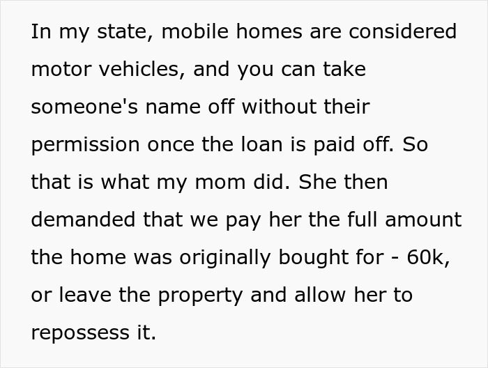 Text about a woman sharing a crazy story involving her mom and a mobile home loan dispute resembling a soap opera.