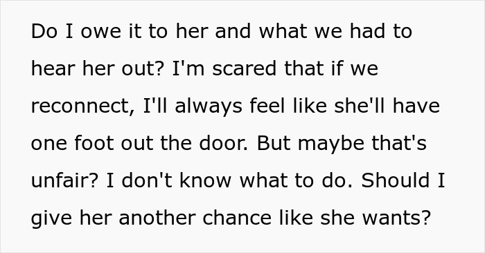 Text excerpt showing a man questioning if he should give his wife a second chance after divorce during cancer fear.