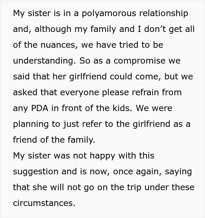 Text post about a polyamorous sister insisting on open affection with both partners despite family concerns for the kids.