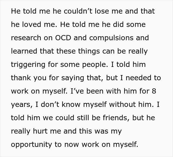 Text showing a woman discussing ending a relationship and feeling liberated, highlighting relationship and personal growth issues.