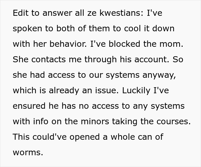 Kid work mother fired scenario involving blocked access and security concerns with minor's course information. Kid work mother fired scenario involving blocked access and security concerns with minor's course information.