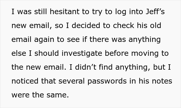 Text snippet about checking Jeff's old email for passwords before the wife's friend takes revenge.