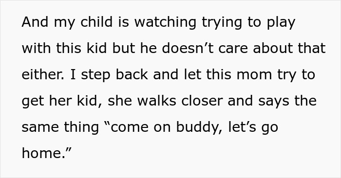Text showing a mom trying to get her toddler to stop playing and come back home while another child watches nearby.