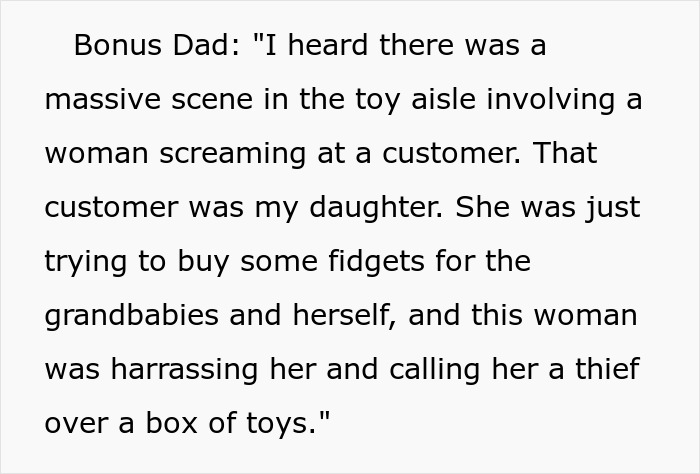 Text of a statement about a woman causing a scene over bulk items while a customer tries to buy fidgets, linked to scalper incident. Text of a statement about a woman causing a scene over bulk items while a customer tries to buy fidgets, linked to scalper incident.