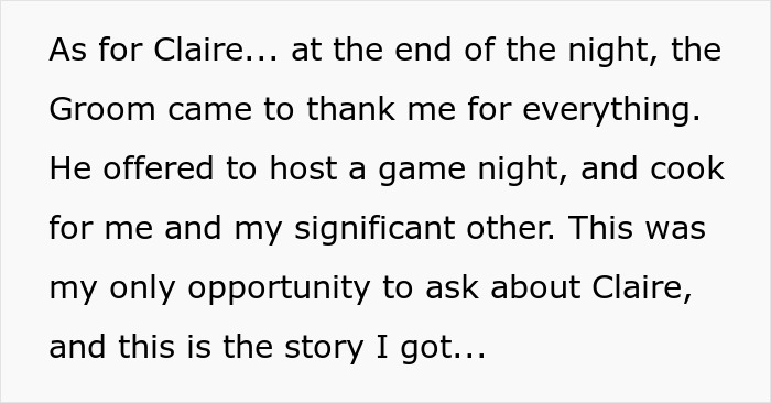 Text excerpt from a story about an ex-girlfriend cheating and a groom discussing wedding arrangements and conflicts.