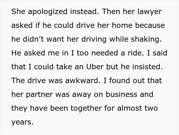 A text describing an awkward drive, her lawyer driving, and her partner being away on business. The woman has a baby bump.