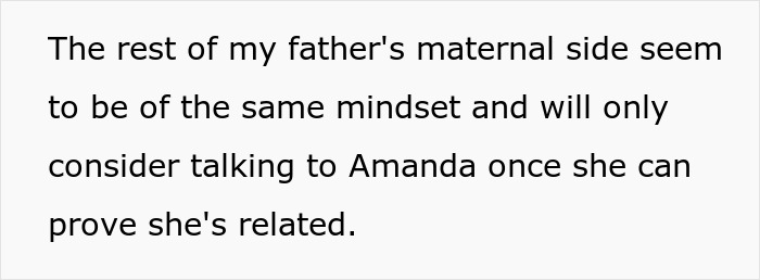 Text on a white background reads about family members refusing to talk until Amanda proves she is related, highlighting confusing and wild family dynamic.