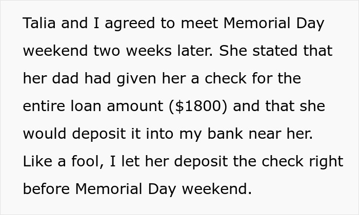 Text describing a story of a woman running Tinder scams connected to her jailed fianc&eacute;, involving a loan check deposit.