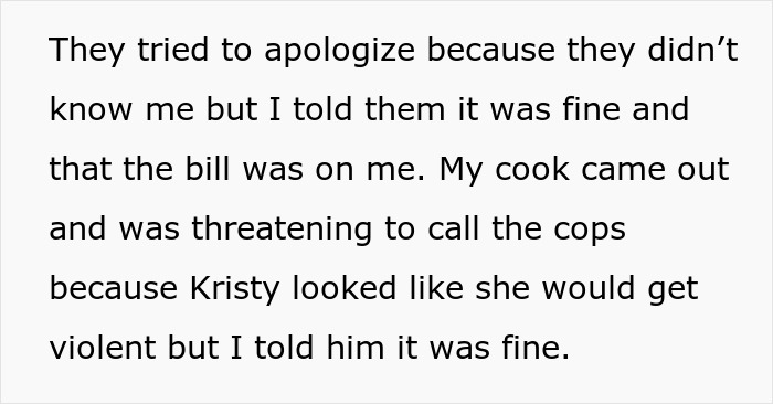 Text excerpt from a book-store-manager-school-bully story showing a tense apology and a threat to call the cops. Text excerpt from a book-store-manager-school-bully story showing a tense apology and a threat to call the cops.