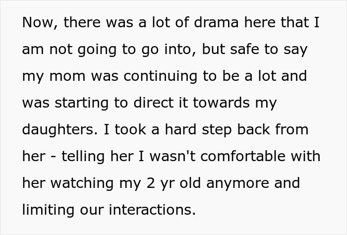 Text excerpt describing a woman sharing a dramatic story about her mom and setting boundaries for her child’s safety.