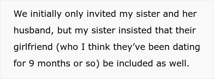Text from a message explaining a sister's insistence on including her girlfriend in family events, highlighting polyamorous open affection.