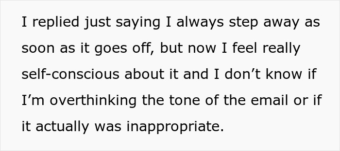 Text about a feeding tube, expressing self-consciousness after a manager's request.