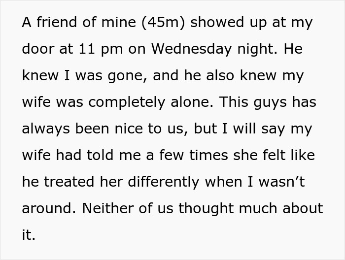 Text on a screen discussing a friend visiting a couple's home at night, the woman alone, and strange behavior.