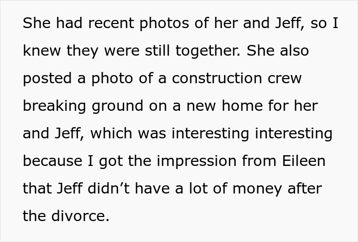 Text detailing how Jeff's new life with his mistress seems prosperous, contradicting previous impressions of his finances after the divorce.