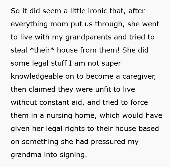 Text describing a woman sharing a crazy story about her mom’s legal attempt to take her grandparents’ house.