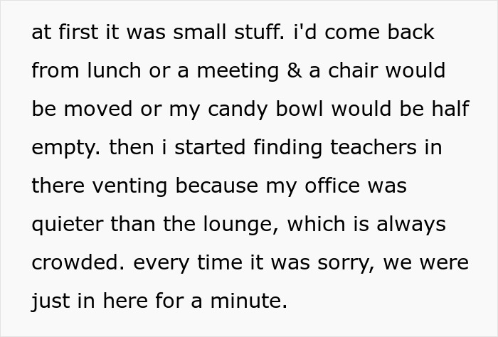 Text on a light background discussing school office staff dealing with teachers using their office, leading to locking the door.