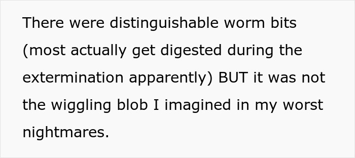 Text excerpt describing worm bits found during a cat tapeworm extermination, detailing the unexpected experience.