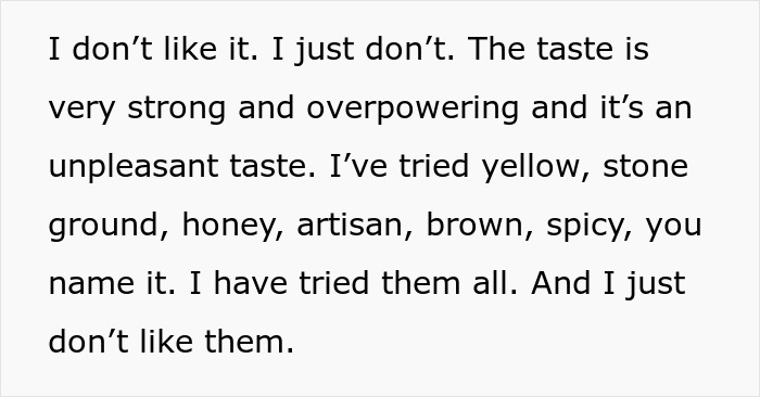Text excerpt about a wife expressing strong dislike for various types of mustard, revealing deeper relationship issues.