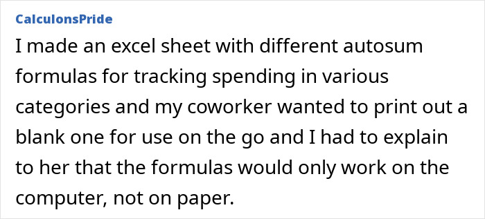 A Reddit post by CalculonsPride about a coworker misunderstanding Excel formulas, leaving the office in shock.