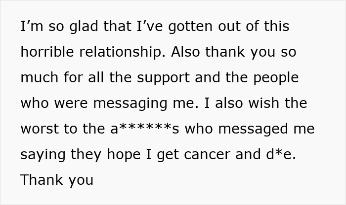 Text post sharing gratitude for support after leaving a horrible relationship amid revenge and affair evidence.