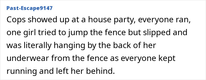 A white text box shows a devastatingly embarrassing moment about a girl getting stuck on a fence during a police raid.